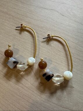 Madewell - Gold Hoop Earrings with Brown, Cream and Clear Beads